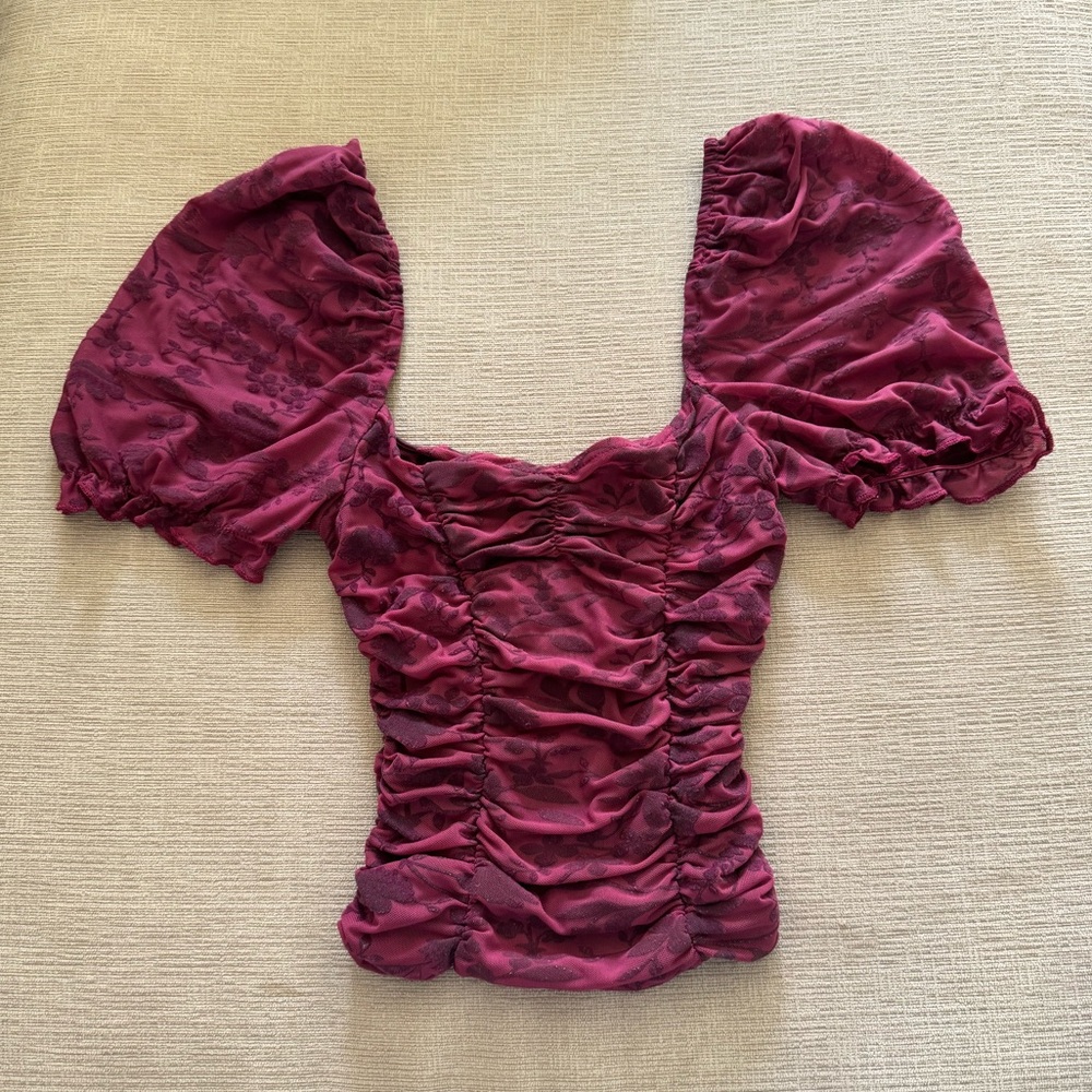Burgundy/Maroon Stretchy, Rouched Top with Velvet Flower Designs
